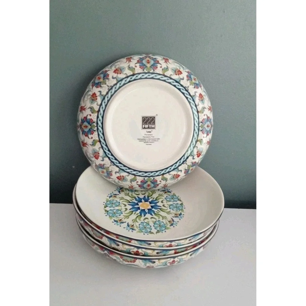 222 Fifth Tunisia Porcelain Floral Blue Shallow Serving Pasta Bowl 9.5